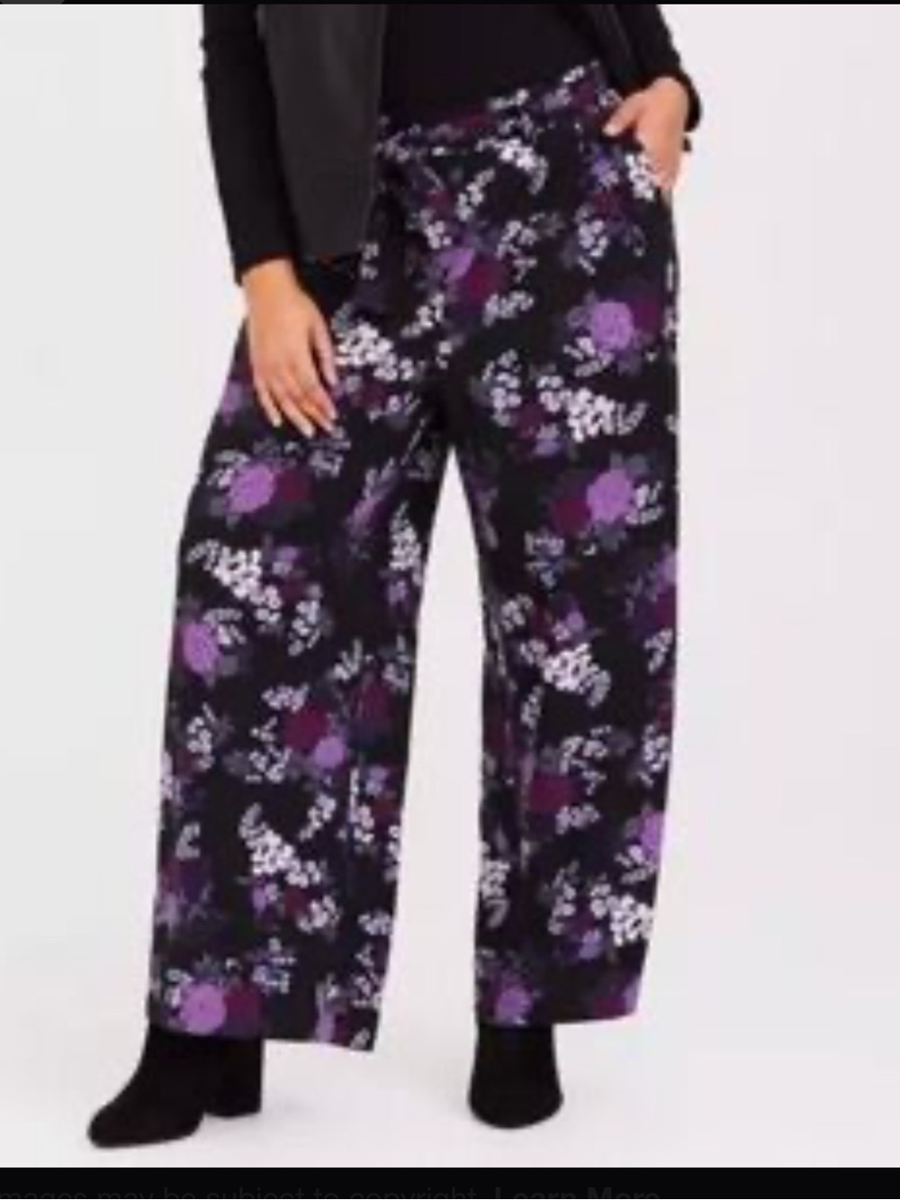 torrid Black Floral Wide Leg Pants with Purple and White Blooms